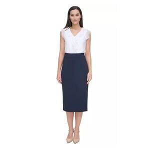 Tommy Hilfiger Sz 4 Pencil Skirt Navy Midi Ponte Stretch Body Con Office Classic
